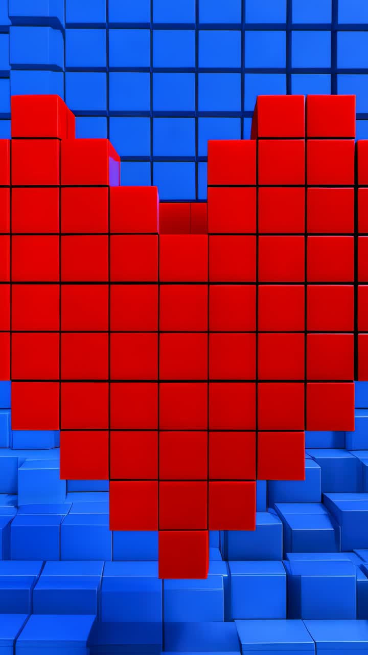 Vertical video: Orbiting camera causing red cube heart rotating in blue cube room, revealing column