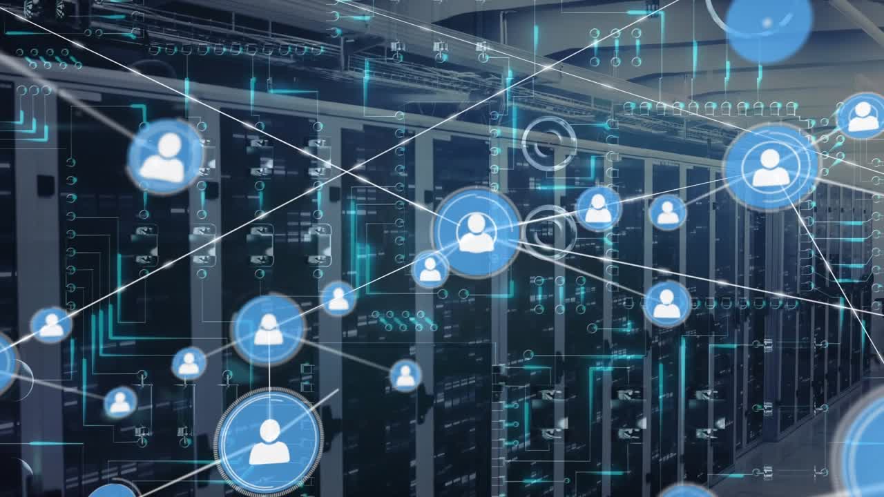Animation of network of connections with icons over servers