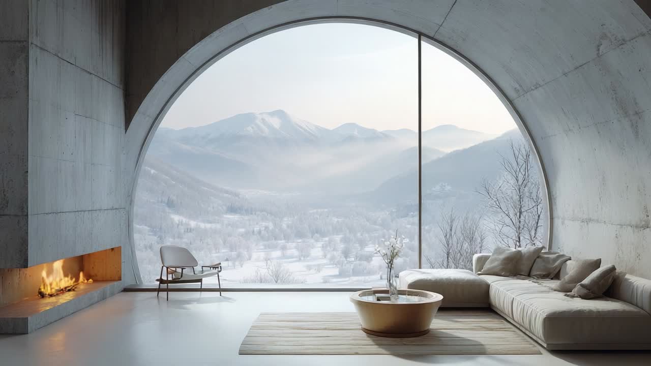 A Serene Winter Retreat: Experience Tranquility in a Modern Space with an Expansive View of Snow-Capped Mountains, Cozy Furnishings, and a Warm Fire, Perfect for Relaxation and Reflection