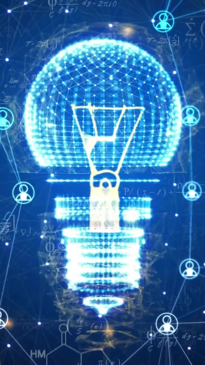 Animation of lightbulb and mathematical equations over network of connections with icons
