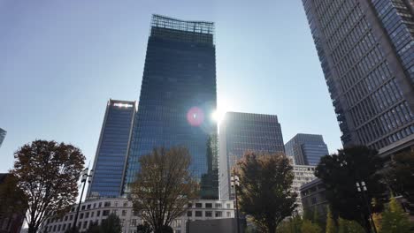 Contemporary urban environment with high-rise structures and a vibrant plaza. Pan Right Shot