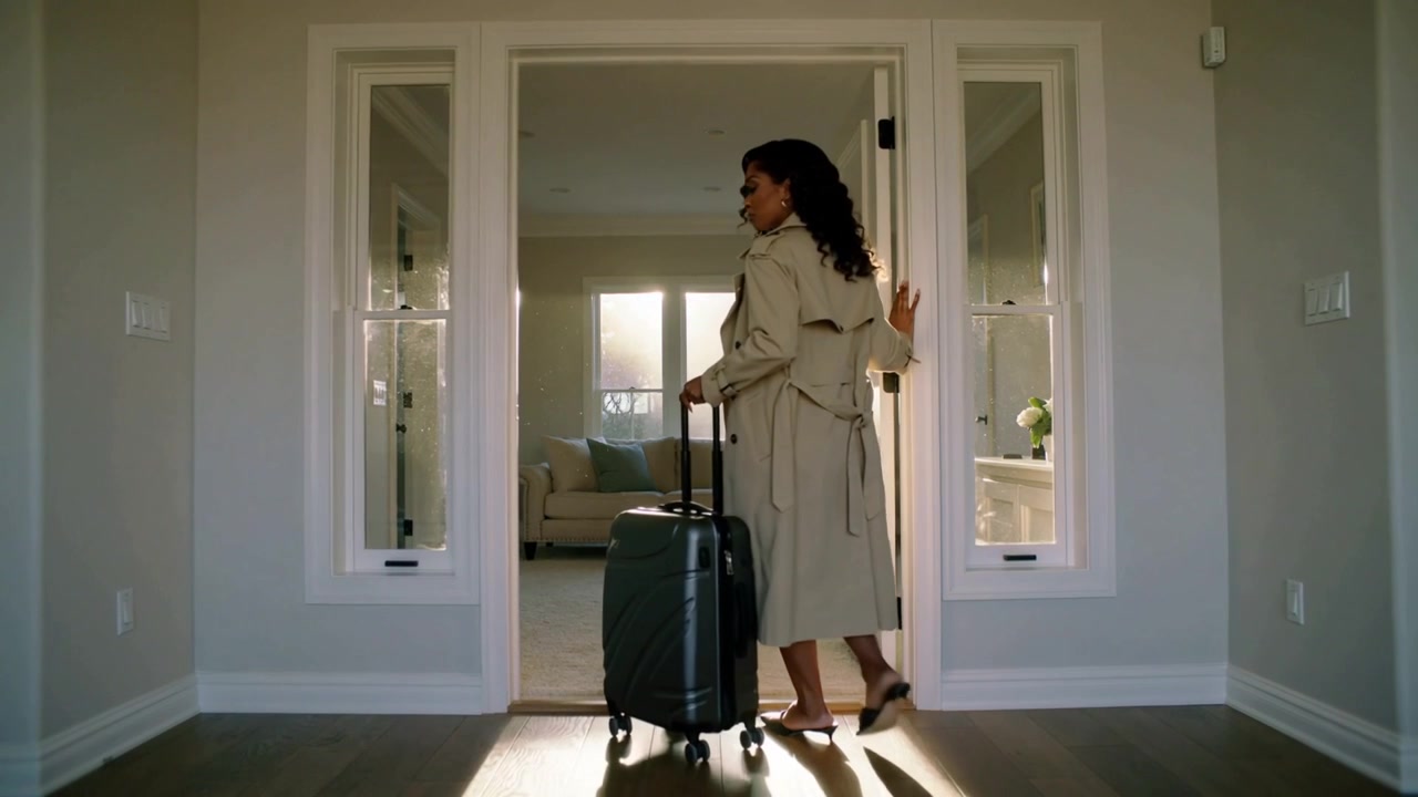 Returning from trip, woman in trench coat and heels pulling suitcase through foyer doorway, sofa