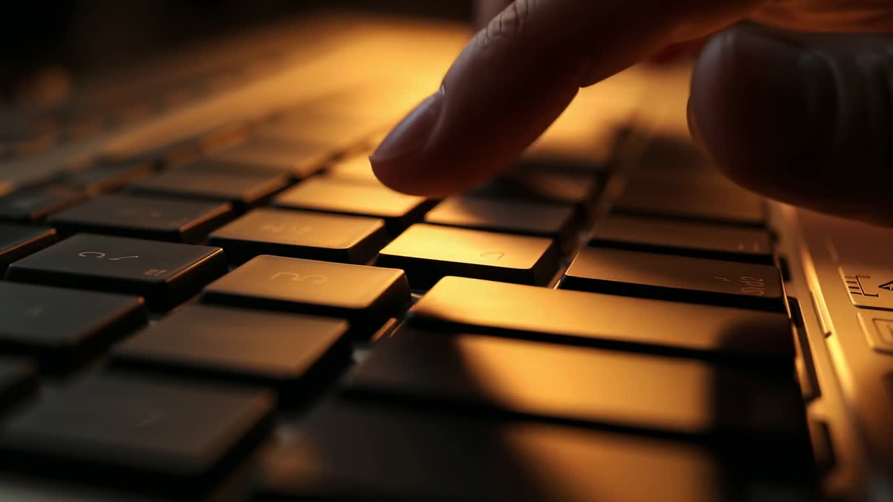 Ujung jari tangan kanan mengetuk dan menekan tombol keyboard laptop chiclet di kantor rumah, dengan pantulan cahaya kuning keemasan.
