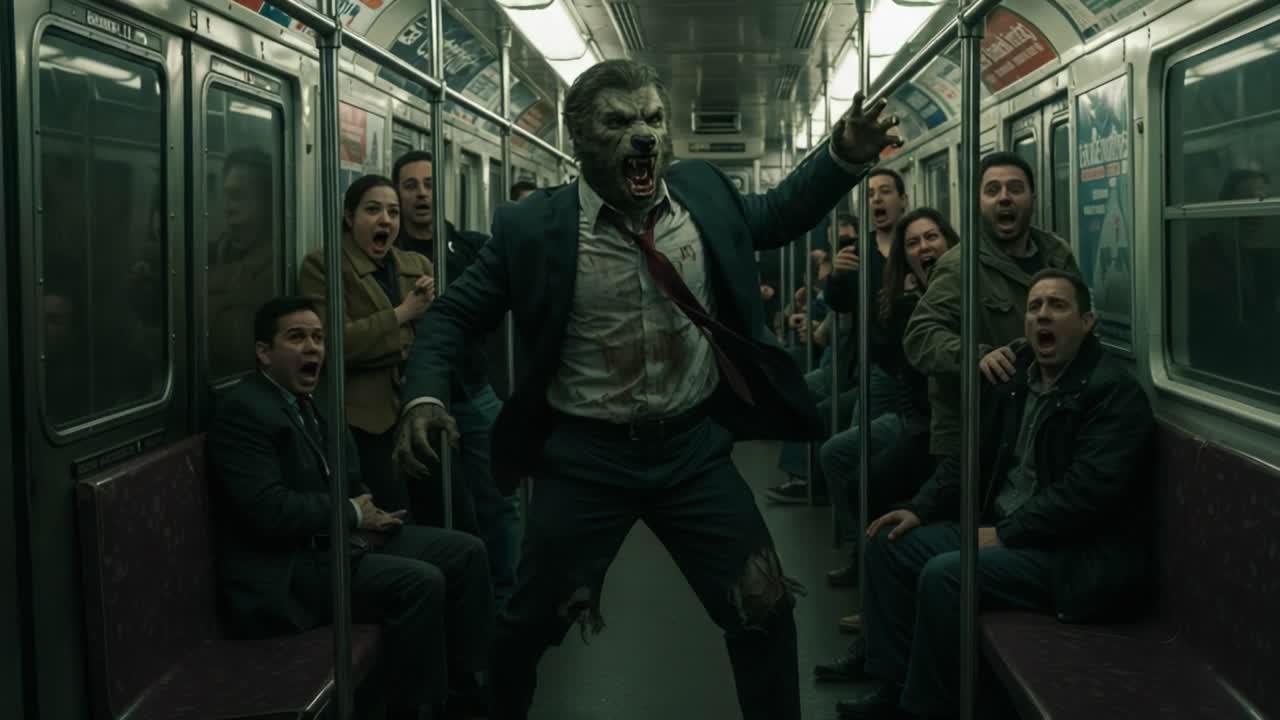 A Terrifying Encounter in a Subway: A Ferocious Creature Disturbing Commuters, Eliciting Shock and Fear Amidst the Darkened Atmosphere of the Train Car