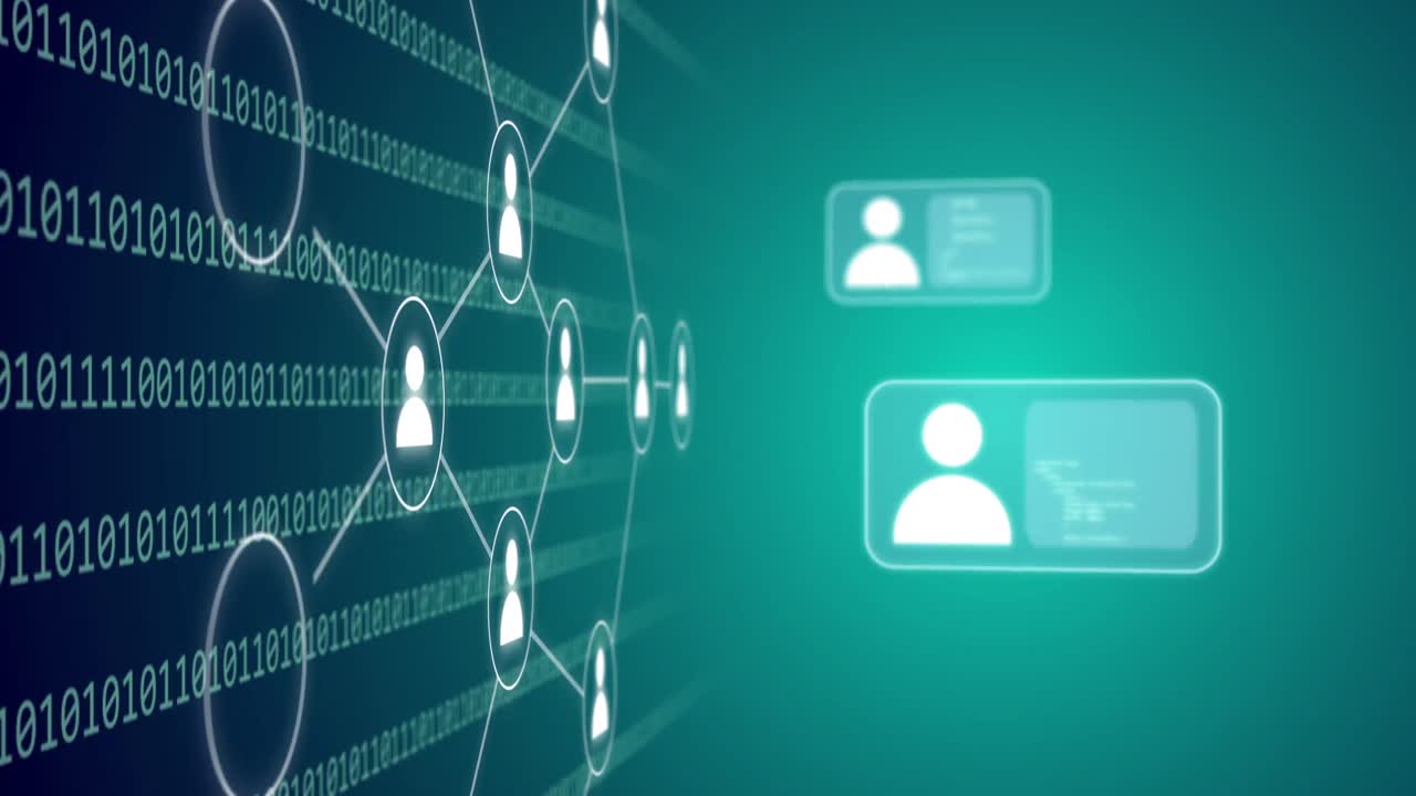 animación de la red de conexiones con iconos de medios sobre el procesamiento de datos en fondo azul.