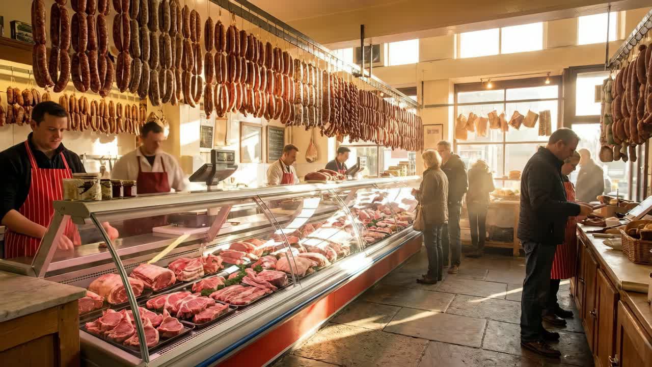 Slagerij met diverse soorten vlees en worst