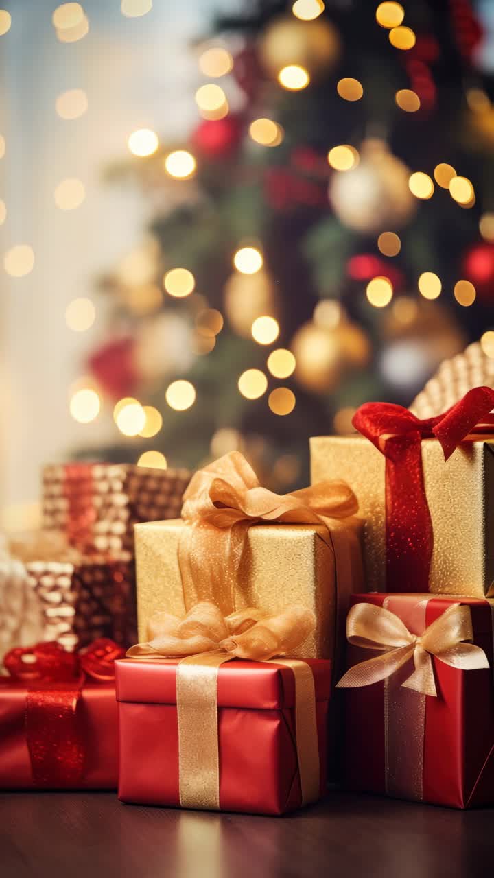 Festive video concept with a close-up angle of elegantly wrapped gifts under a Christmas tree