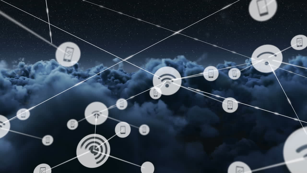 Animation of network of connections with icons over clouds and sky