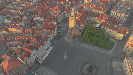 Aerial-drone-fly-above-main-square-of-old-historic-Prague-city,-Czech-republic