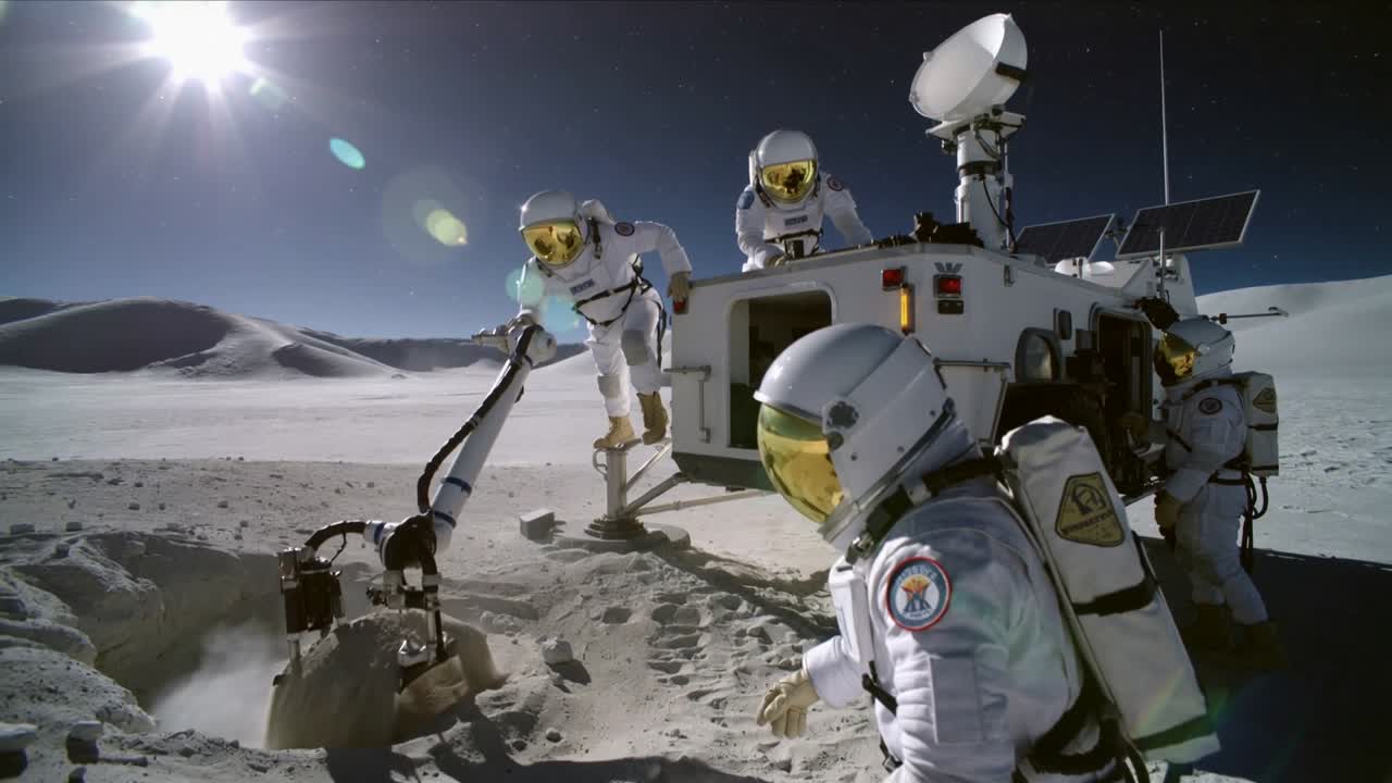 Deploying robotic arm beside vehicle, four crew in white suits scooping regolith for samples