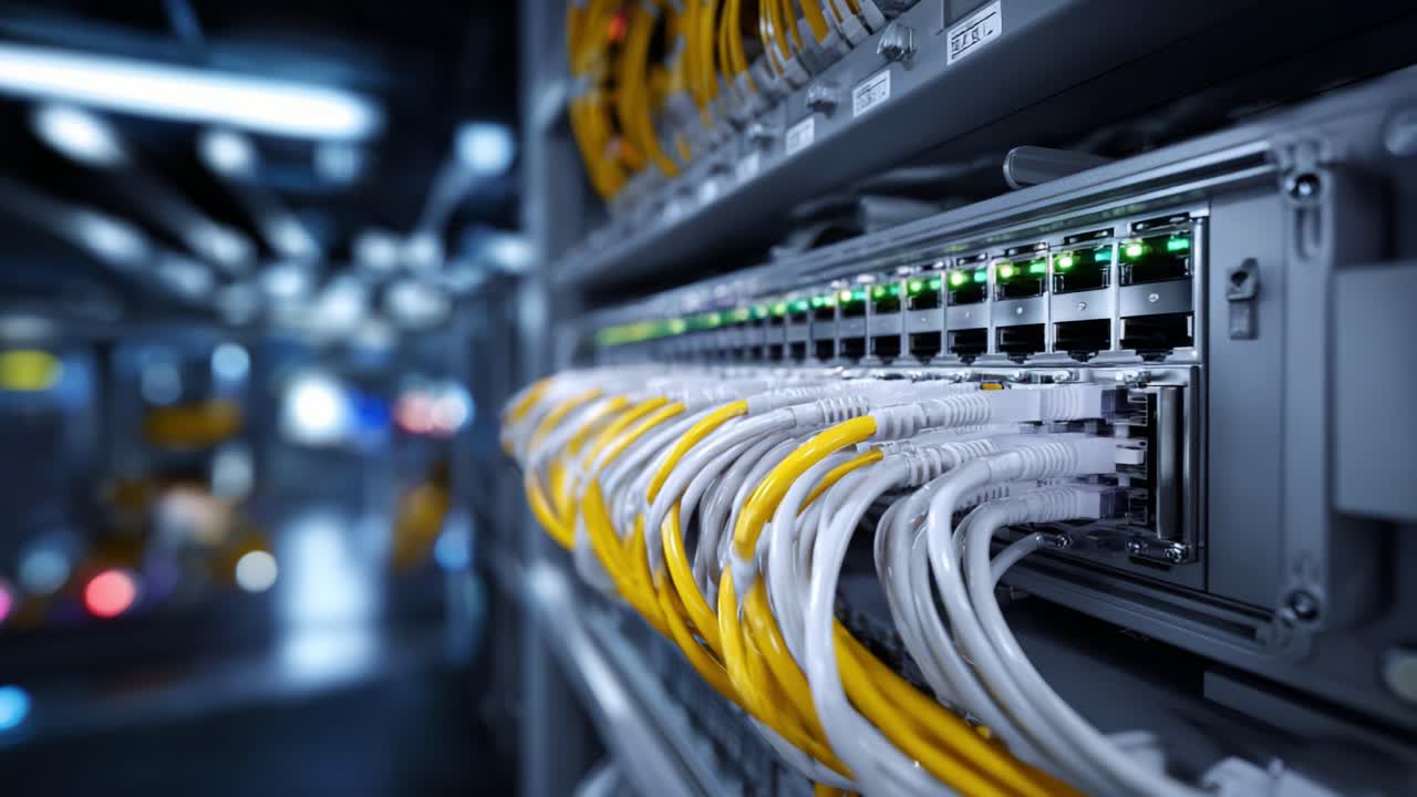 Intricate Network Setup Featuring Fiber Optic Cables and Data Ports, Capturing High-Tech Connectivity in a Modern Datacenter Environment