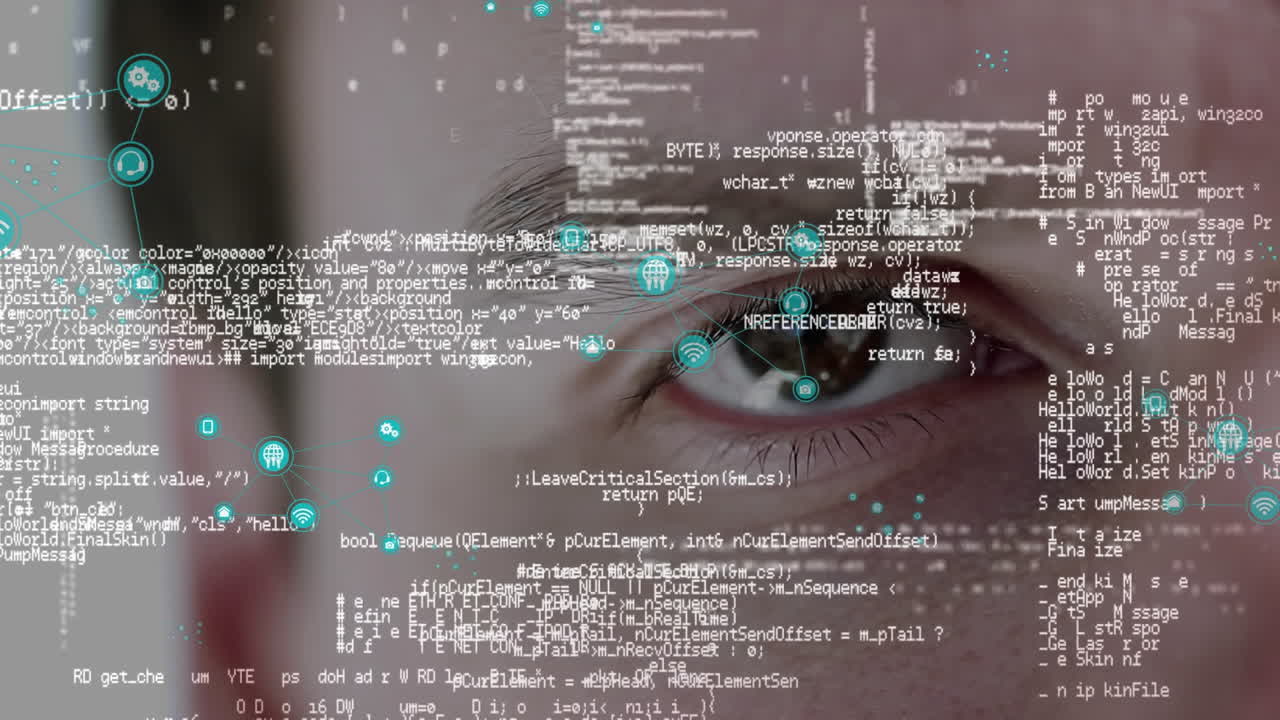 Animation of computer icons and computer language over cropped eye of caucasian man