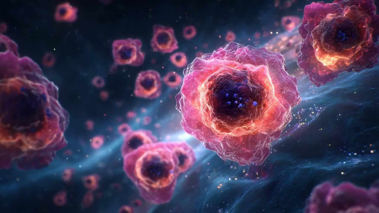 Una splendida visualizzazione della vibrante vita microbica: Scorci di cellule colorate in un ambiente cosmico dinamico che rappresentano le meraviglie dell'esistenza biologica.