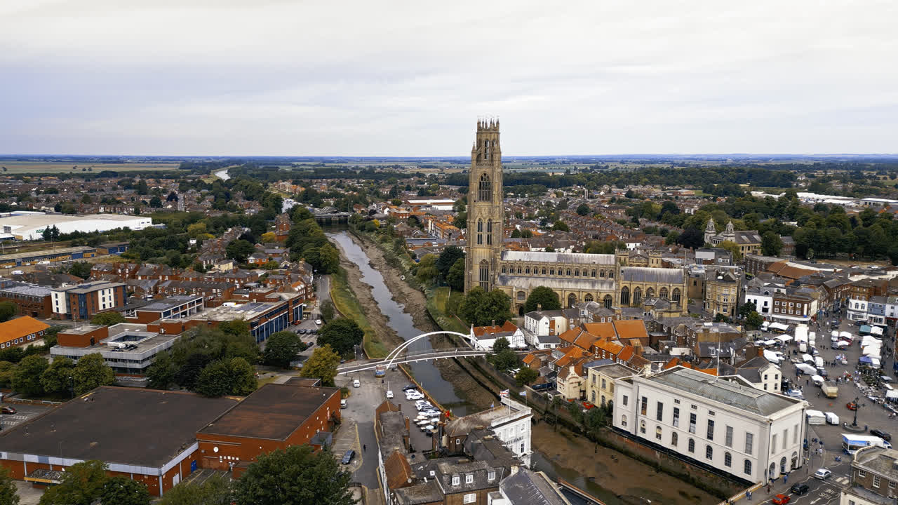 scenic beauty of Boston, Lincolnshire, in mesmerizing aerial drone footage: Port, ships, Saint Botolph Church , Saint Botolph's Bridge