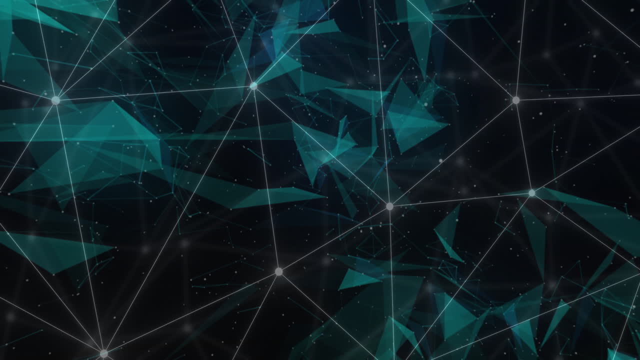 Animation of white network connections over 3d blue network structures on black background