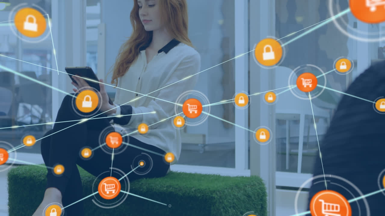 animación de la red de conexiones con iconos sobre mujer de negocios caucásica usando tableta en la oficina