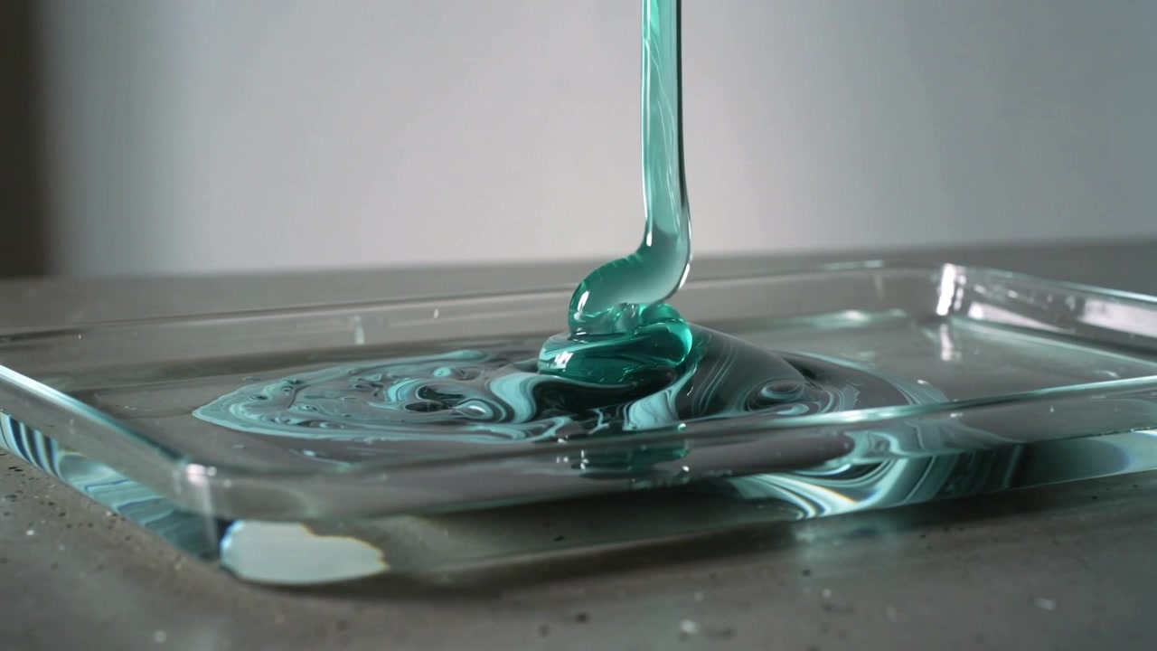 Pouring from spout, teal viscous liquid forming dome filling glass dish on speckled countertop