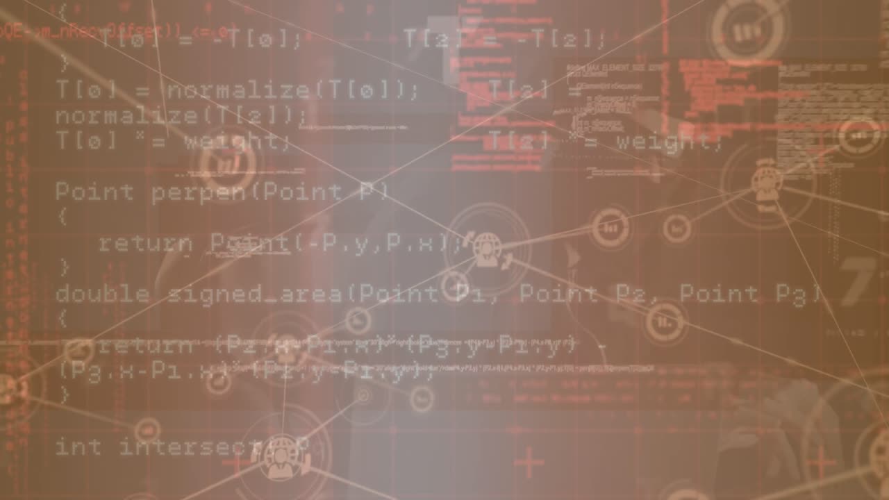 Animation of connected icons over computer language and looping letters on abstract background
