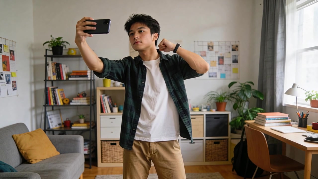 Alzando lo smartphone, uomo asiatico che indossa una camicia a quadri verde e un orologio, che registra un video selfie nel suo studio di casa.