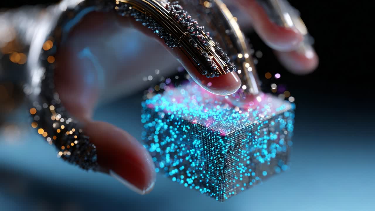A futuristic robotic hand delicately grasps a glowing, holographic cube, showcasing intricate patterns of shimmering particles in vibrant colors as it creates a captivating display of light and technology