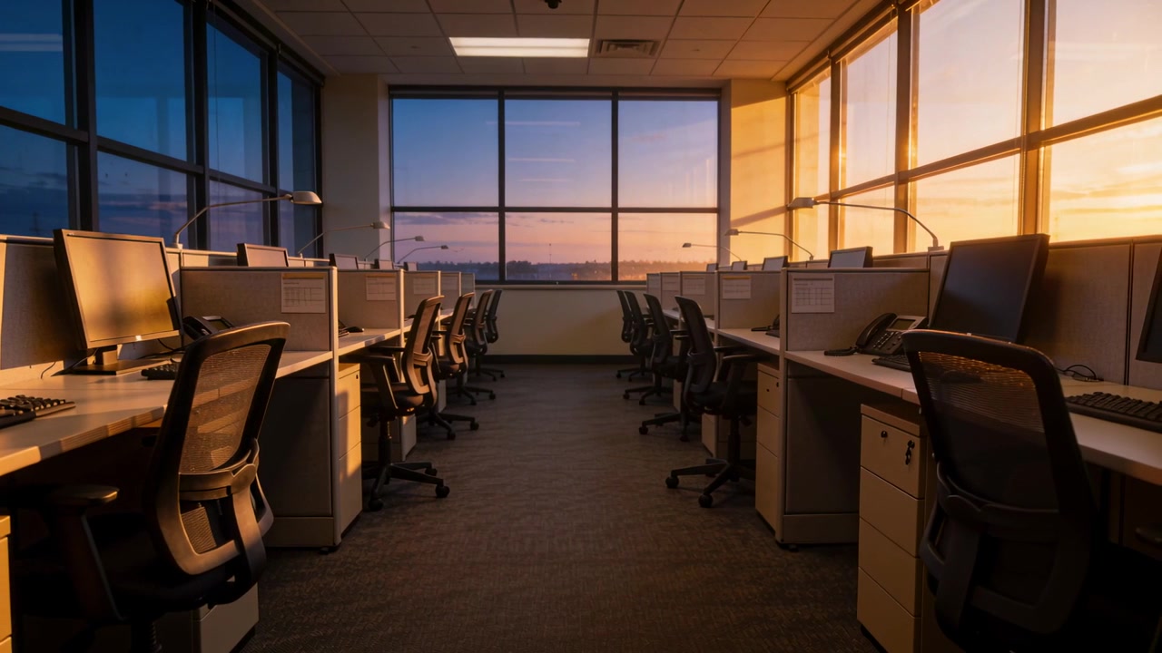Pouring warm sunset through right windows, bathing center aisle and cubicles, marking workday end