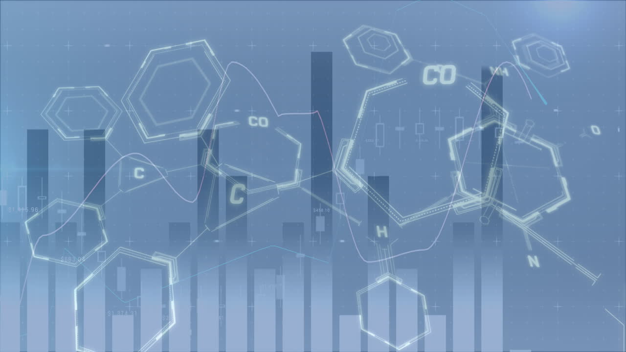 animación del procesamiento de datos financieros sobre estadísticas y estructuras químicas.