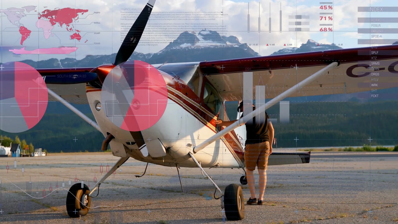 Pilot arriving runway doing wing check with data overlay boarding then walking away from plane tail