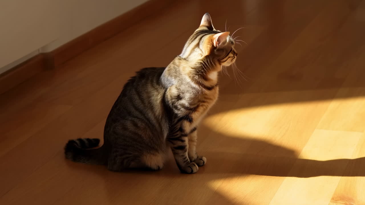 Gato Malhado Se Aquecendo no Raio de Sol em Piso de Parquet, Luz Dourada da Manhã Se Espalha Pelo Chão de Madeira, Gato Sentado