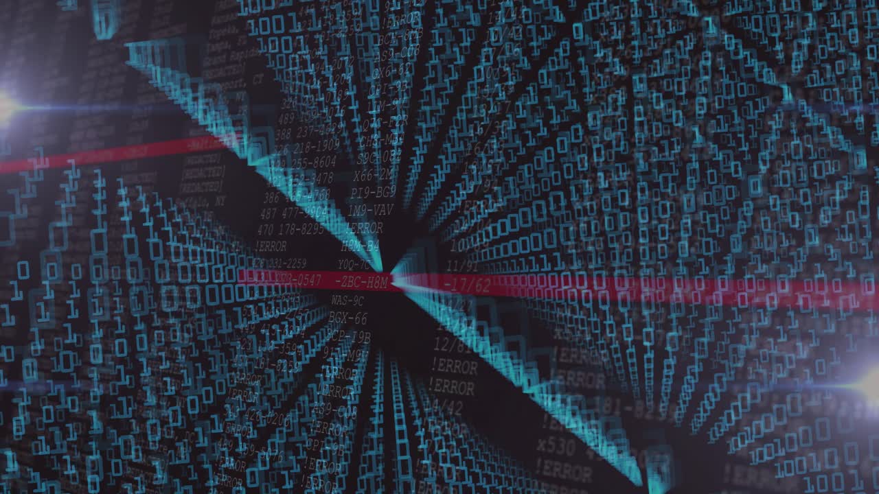 Teal binary tunnel rotating around center, view shifting, red scans rising, showing tech data flow