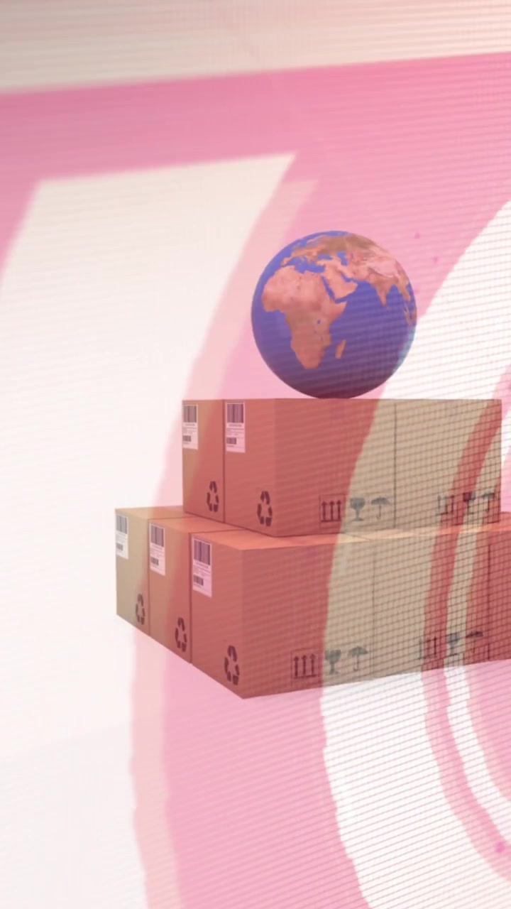 Animation of data processing over globe and stack of cardboard boxes