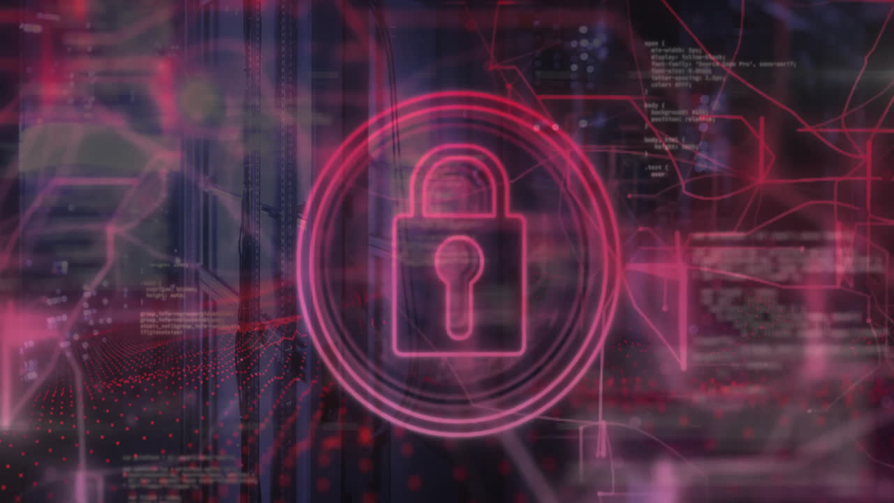 animación del icono del candado y procesamiento de datos a través de servidores informáticos.