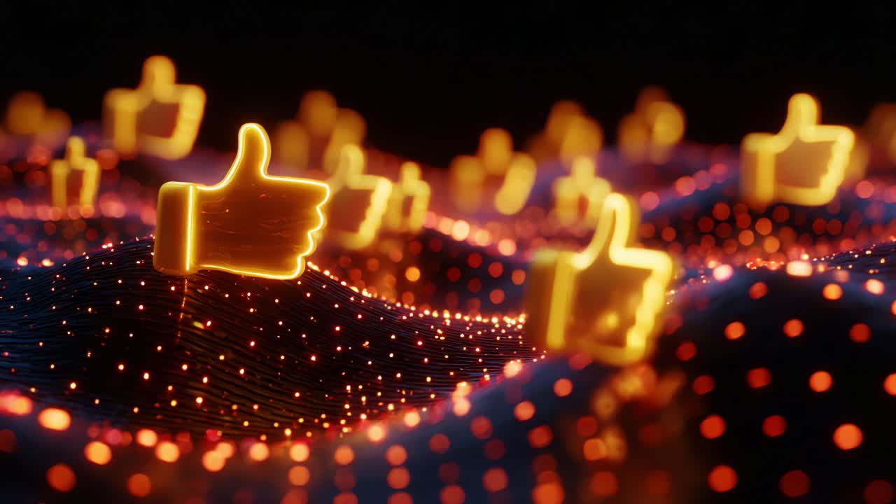 Captivating Glowing Thumbs Up Icons Surrounded by a Sea of Radiant Lights Representing Engagement, Approval, and Positive Interactions in a Digital Universe