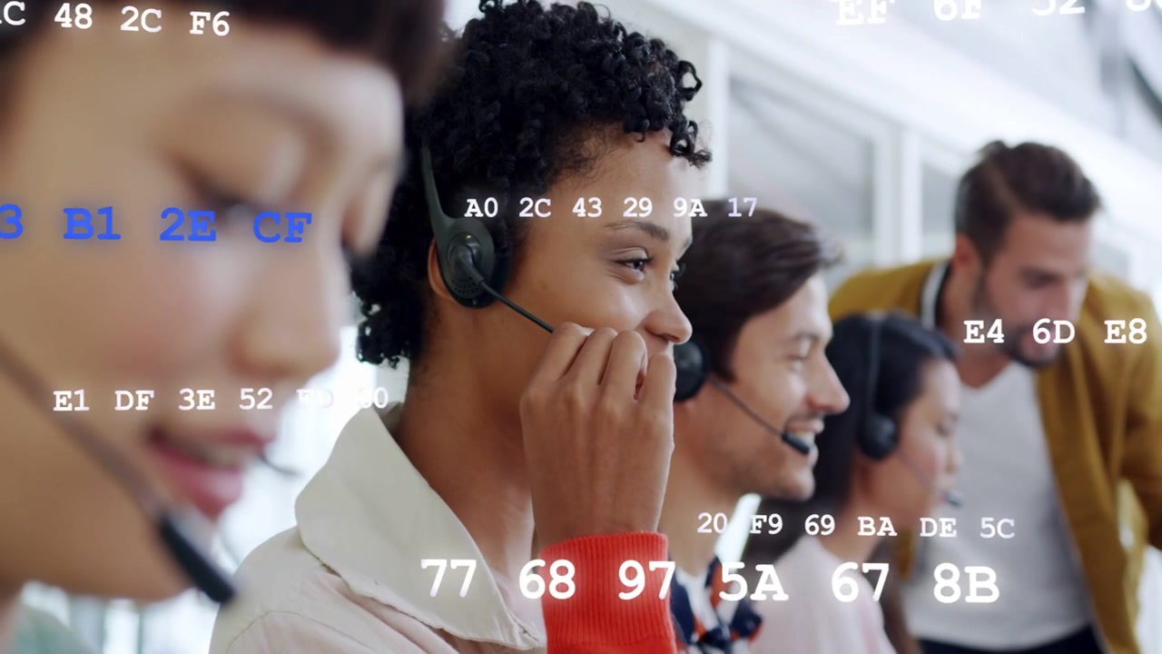 Call center agent fixing headset speaking helping users as lead leaning in, code overlay animating