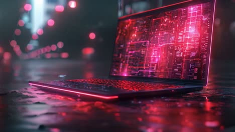 futuristic laptop with red cybernetic display in urban setting