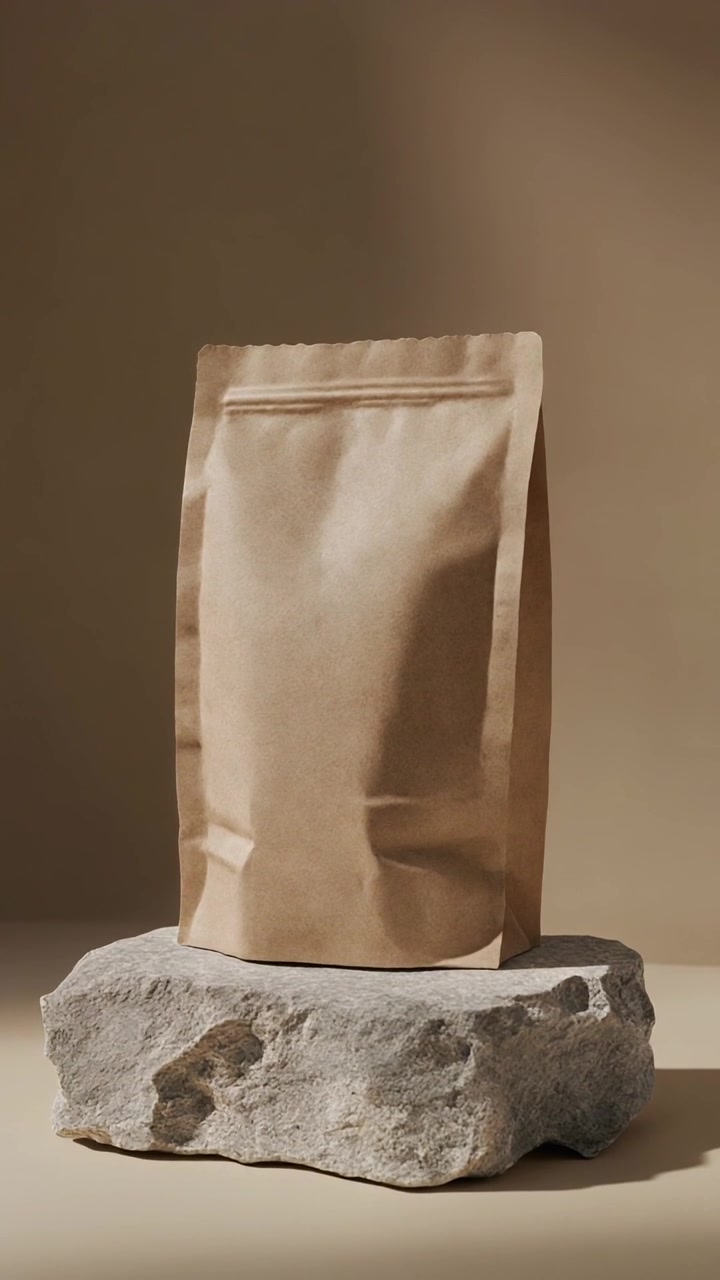 Angled view of brown kraft paper zipper pouch on stone slab in warm background