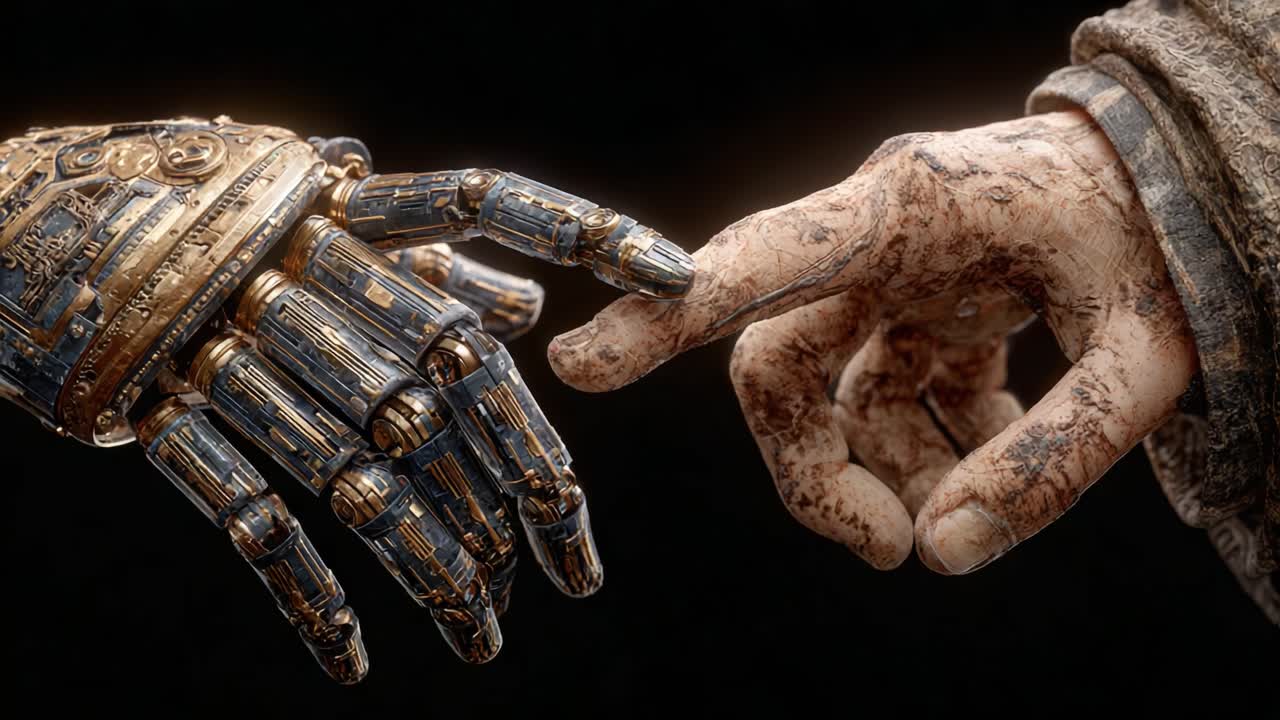 A Captivating Encounter Between Human and Robot: Exploring the Symbolic Connection Through Touch and Emotion in a Futuristic Setting