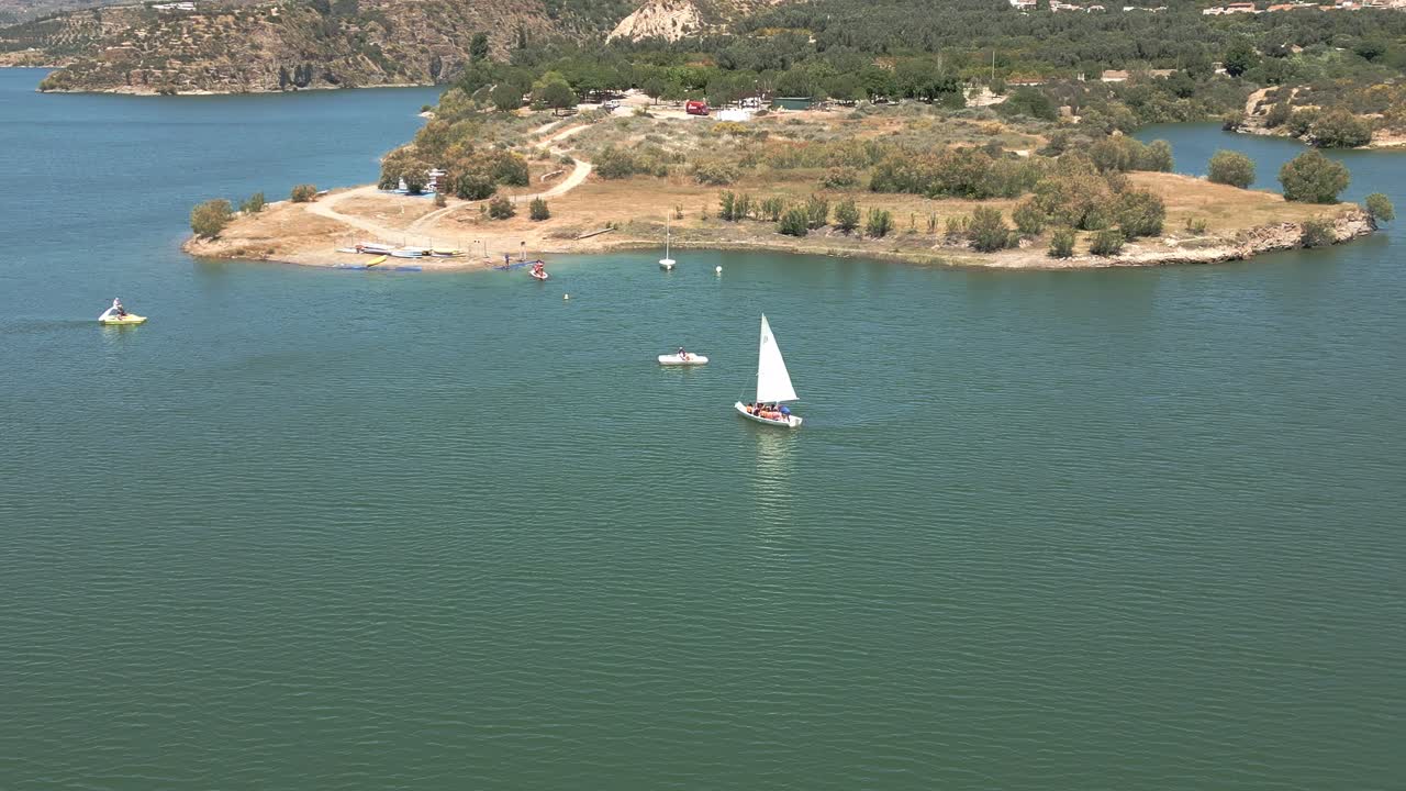 Navigation sports area. Boats sailing on the lake. Panoramic aerial view. Andalusia. Spain.