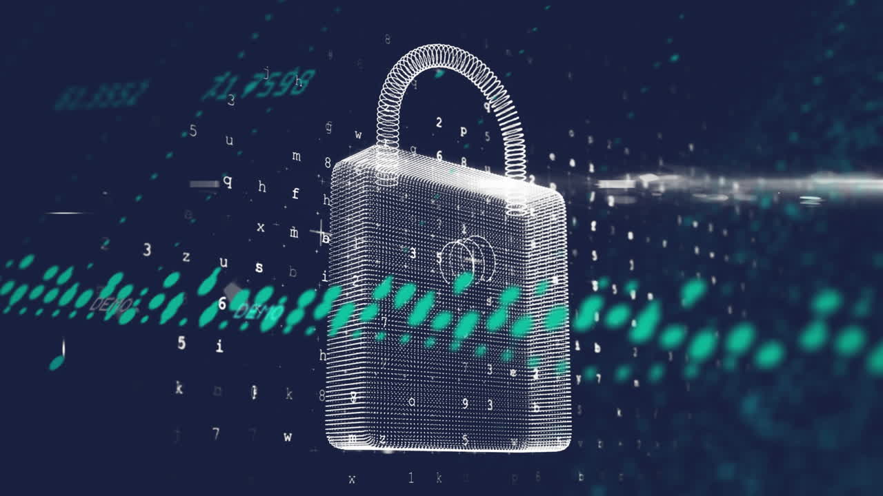 Animation of graph over padlock, letters, numbers and globe against black background