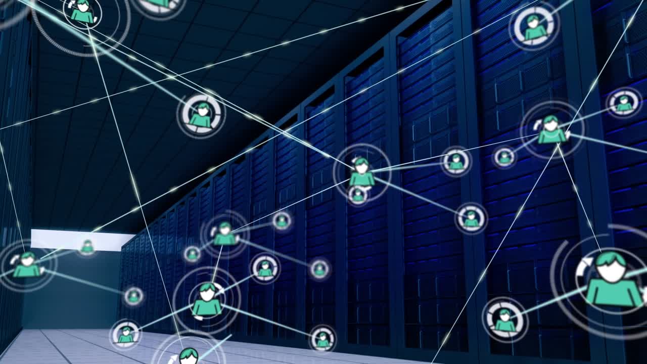 Animation of network of profile icons against computer server room