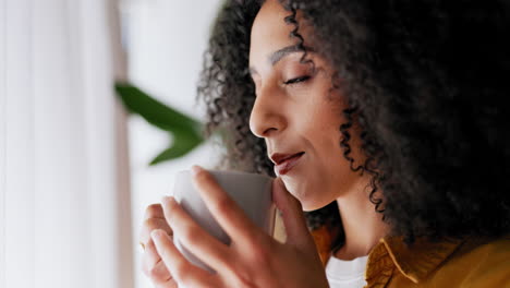 relax, coffee and black woman with smile