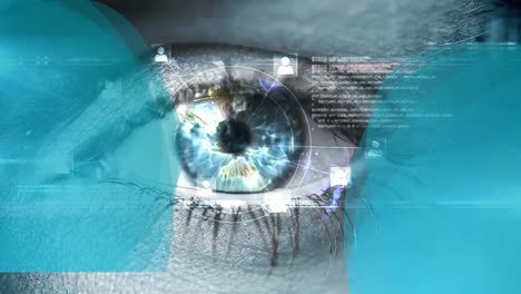 animation of blue banners with copy space and data processing over close up of female eye