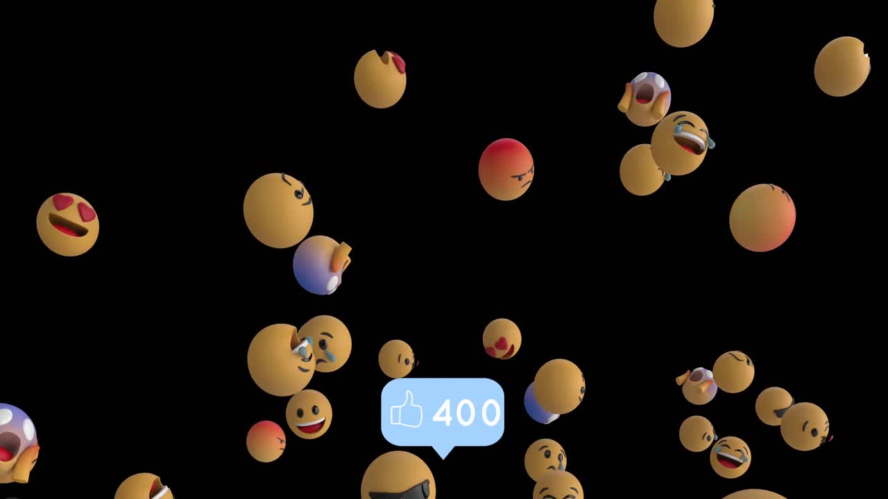 블랙 배경에 떠다니는 여러 얼굴 이모티콘에 대항하여 숫자가 증가하는 아이콘과 같습니다.