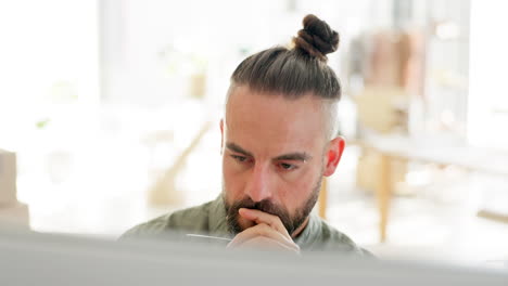 Serious, computer and face of man reading export