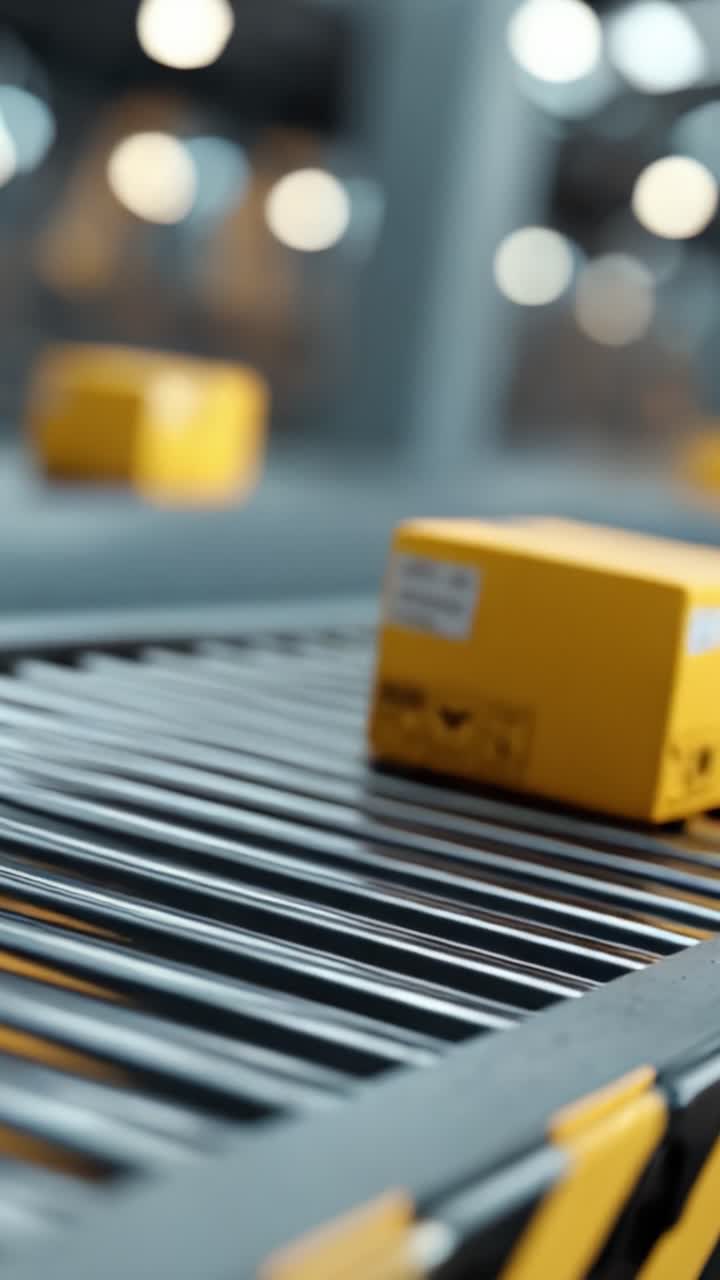 A Close-Up of a Yellow Package on a Conveyor Belt in a Warehouse Environment, Highlighting the Logistic Process of Sorting and Shipping Goods