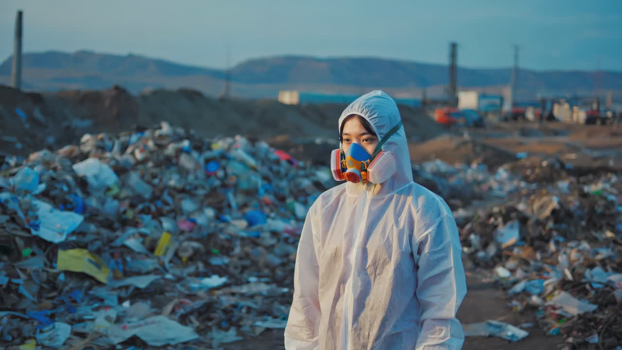 Person in Hazmat Suit at Landfill