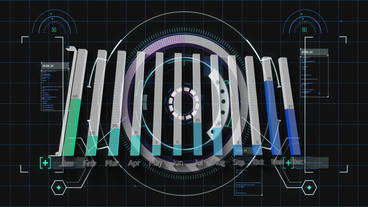 On load ringed HUD rotating, purple arc filling, 3D month bars filling sequentially to show trends