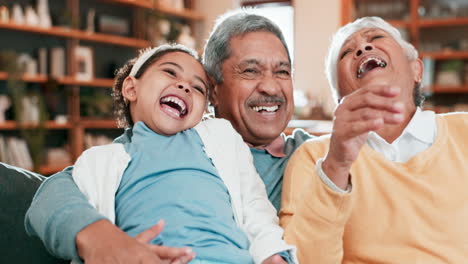 child, grandparents and laughing on home sofa to