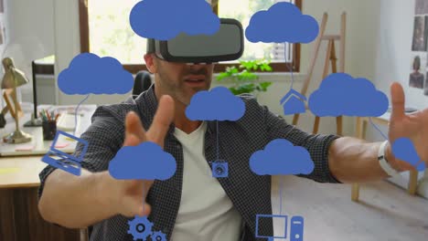 animación de iconos de las redes sociales sobre un hombre caucásico que usa auriculares vr