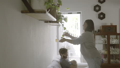 family arranging plants on shelves