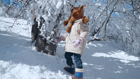 Niña-Pequeña-Jugando-Con-Nieve-Cubierta-De-Ramas-De-árboles-En-El-Parque-Mona-De-La-Montaña-Balwangsan-Cubierto-De-Nieve---Cámara-Lenta,-Gangwon-do,-Corea-Del-Sur